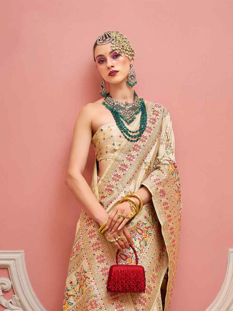 Cream Banarasi Silk Zari Handwoven Casual Reception Festival Wedding Fancy Classic Style Sarees