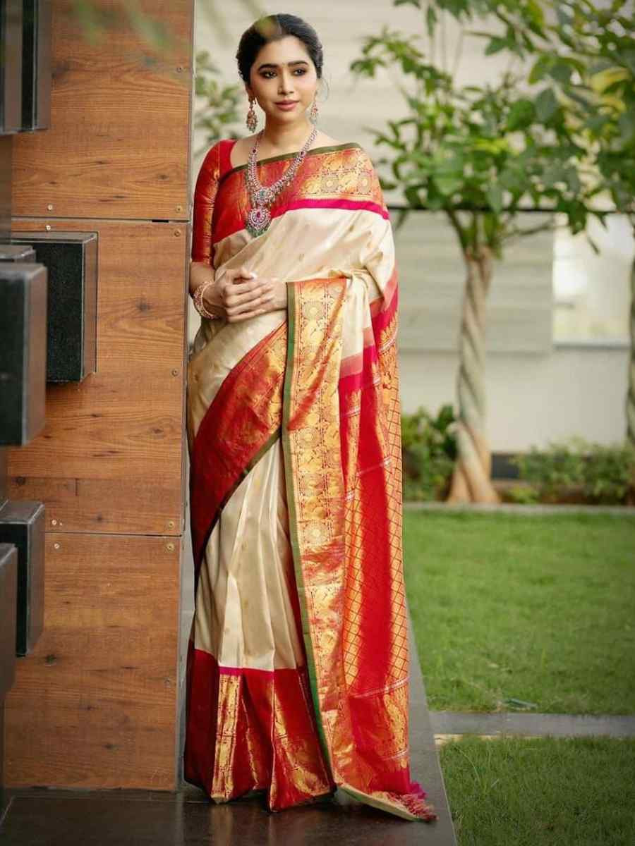 Cream Banarasi Soft Silk Jacquard Festival Wear Fancy Heavy Border Saree