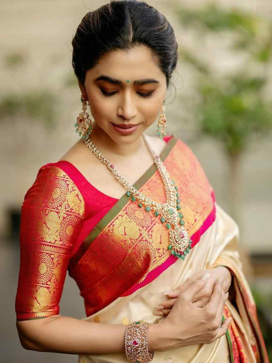 Cream Banarasi Soft Silk Jacquard Festival Wear Fancy Heavy Border Saree