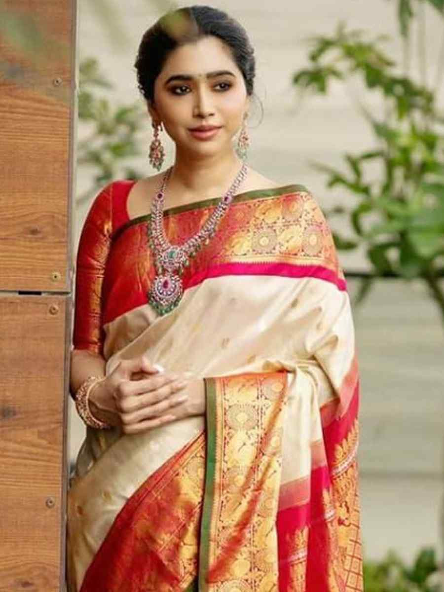 Cream Banarasi Soft Silk Jacquard Festival Wear Fancy Heavy Border Saree