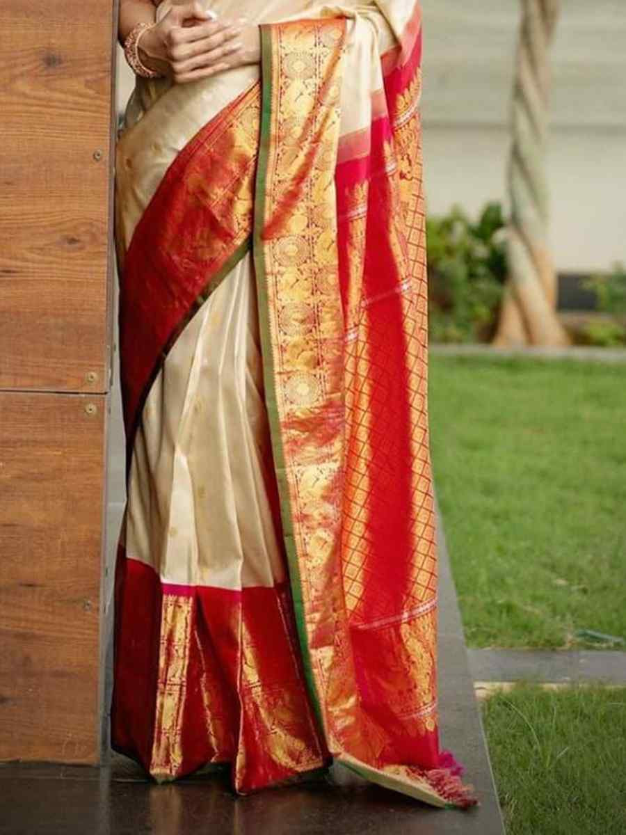 Cream Banarasi Soft Silk Jacquard Festival Wear Fancy Heavy Border Saree