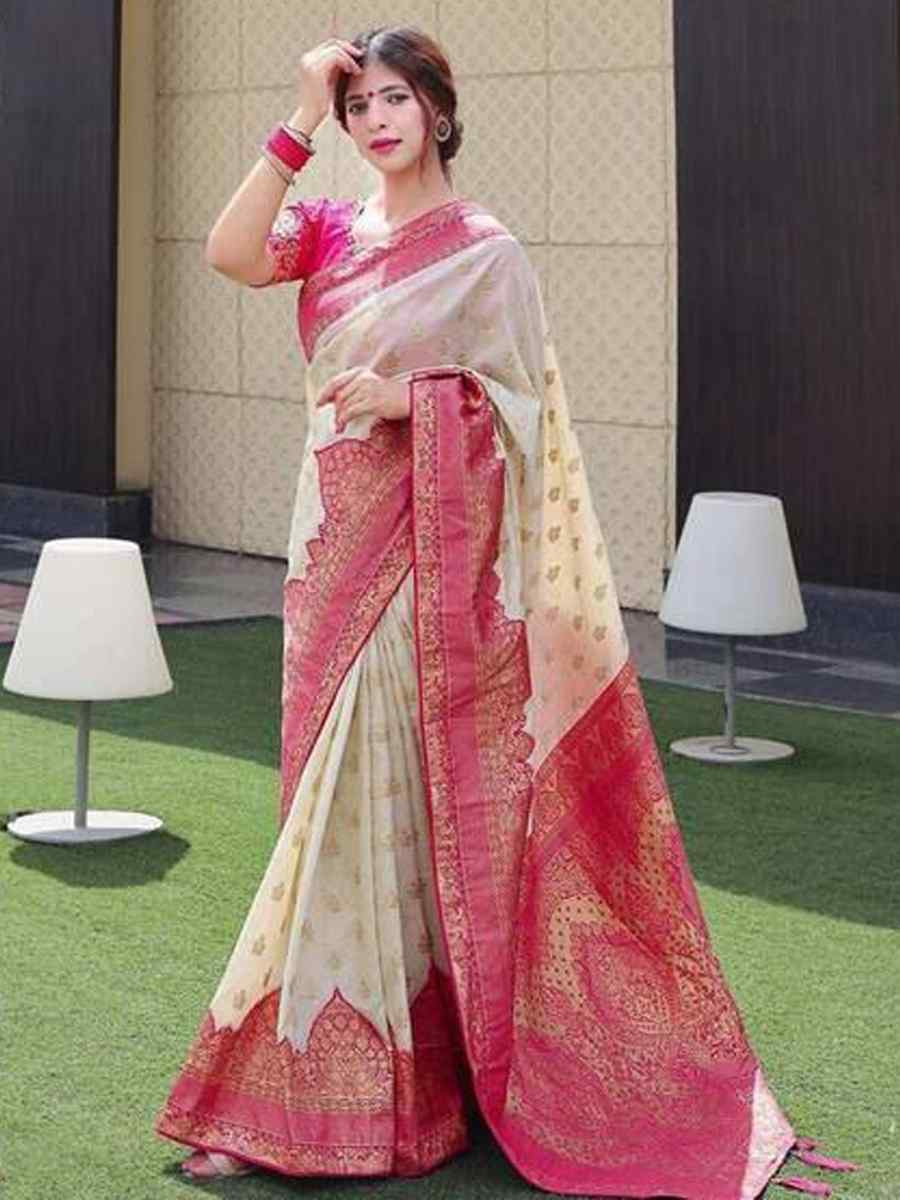 Cream Banarasi Soft Silk Jacquard Festival Wear Fancy Heavy Border Saree