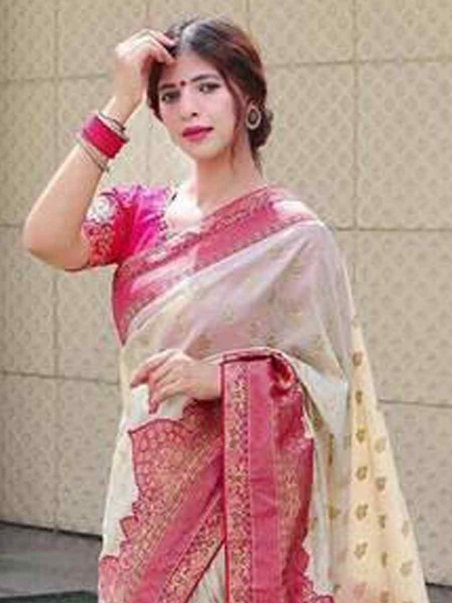 Cream Banarasi Soft Silk Jacquard Festival Wear Fancy Heavy Border Saree