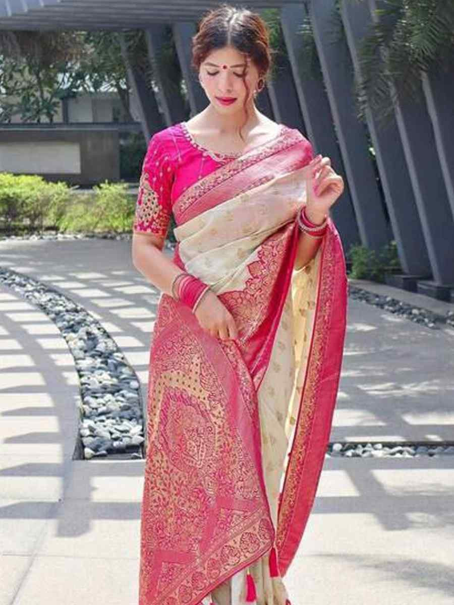 Cream Banarasi Soft Silk Jacquard Festival Wear Fancy Heavy Border Saree