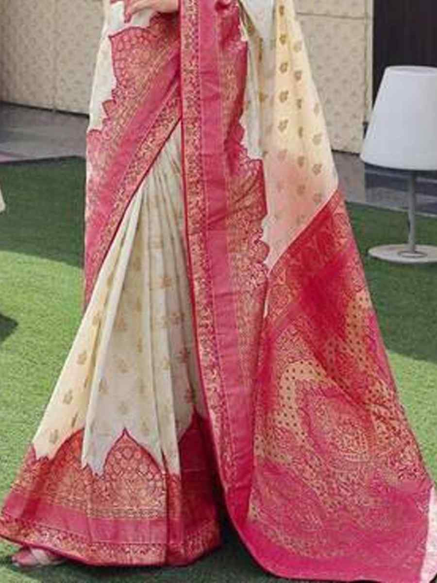 Cream Banarasi Soft Silk Jacquard Festival Wear Fancy Heavy Border Saree