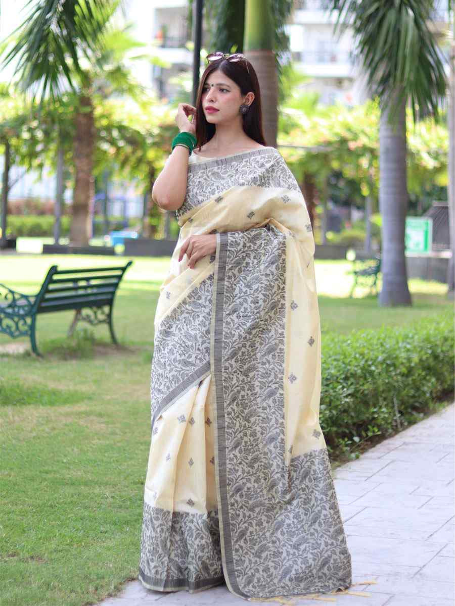 Cream Banglori Handloom Raw Silk Handwoven Casual Reception Festival Wedding Fancy Classic Style Sarees