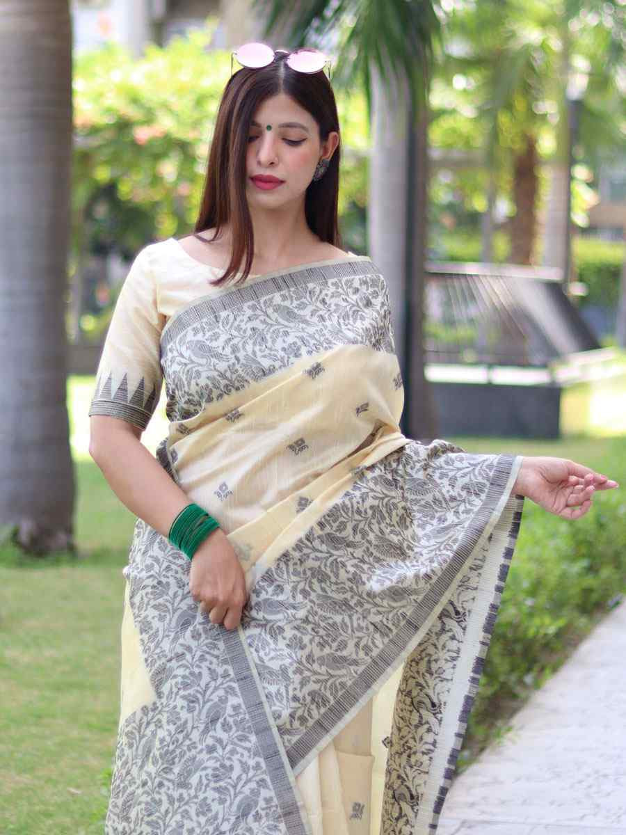 Cream Banglori Handloom Raw Silk Handwoven Casual Reception Festival Wedding Fancy Classic Style Sarees