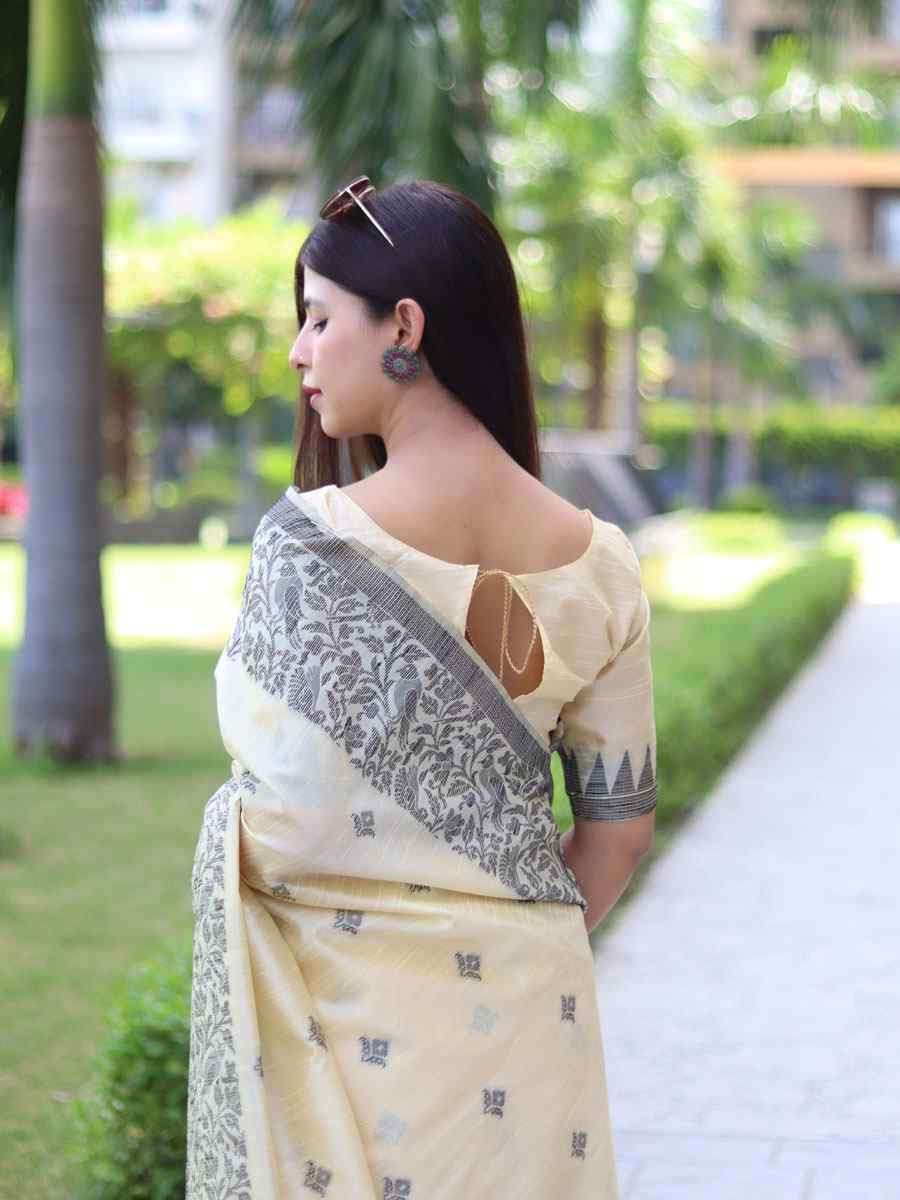 Cream Banglori Handloom Raw Silk Handwoven Casual Reception Festival Wedding Fancy Classic Style Sarees
