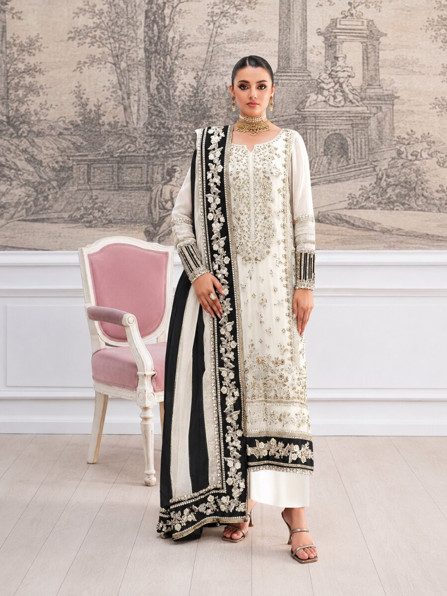 Cream Black Crunchy Embroidery Zari Sequins Khatli Work Wedding Party Festival Casual Palazzo Pant Salwar Kameez