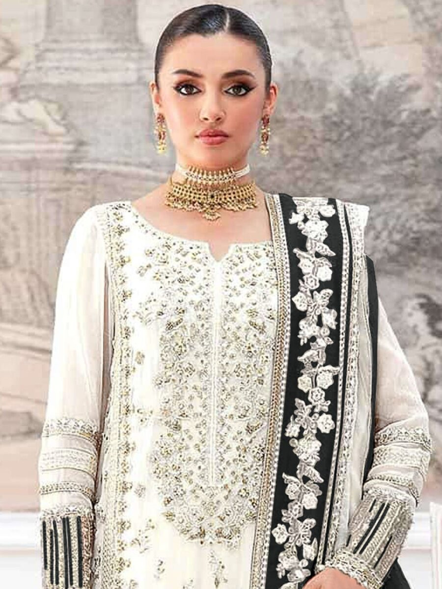 Cream Black Crunchy Embroidery Zari Sequins Khatli Work Wedding Party Festival Casual Palazzo Pant Salwar Kameez