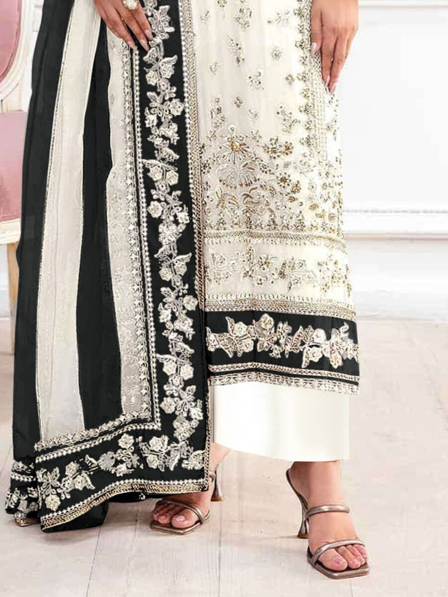 Cream Black Crunchy Embroidery Zari Sequins Khatli Work Wedding Party Festival Casual Palazzo Pant Salwar Kameez