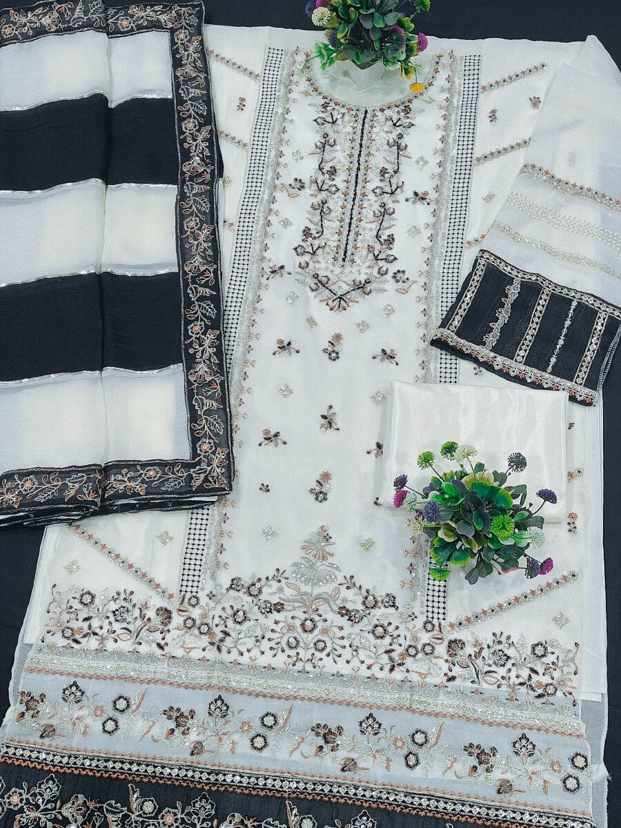 Cream Black Crunchy Embroidery Zari Sequins Khatli Work Wedding Party Festival Casual Palazzo Pant Salwar Kameez