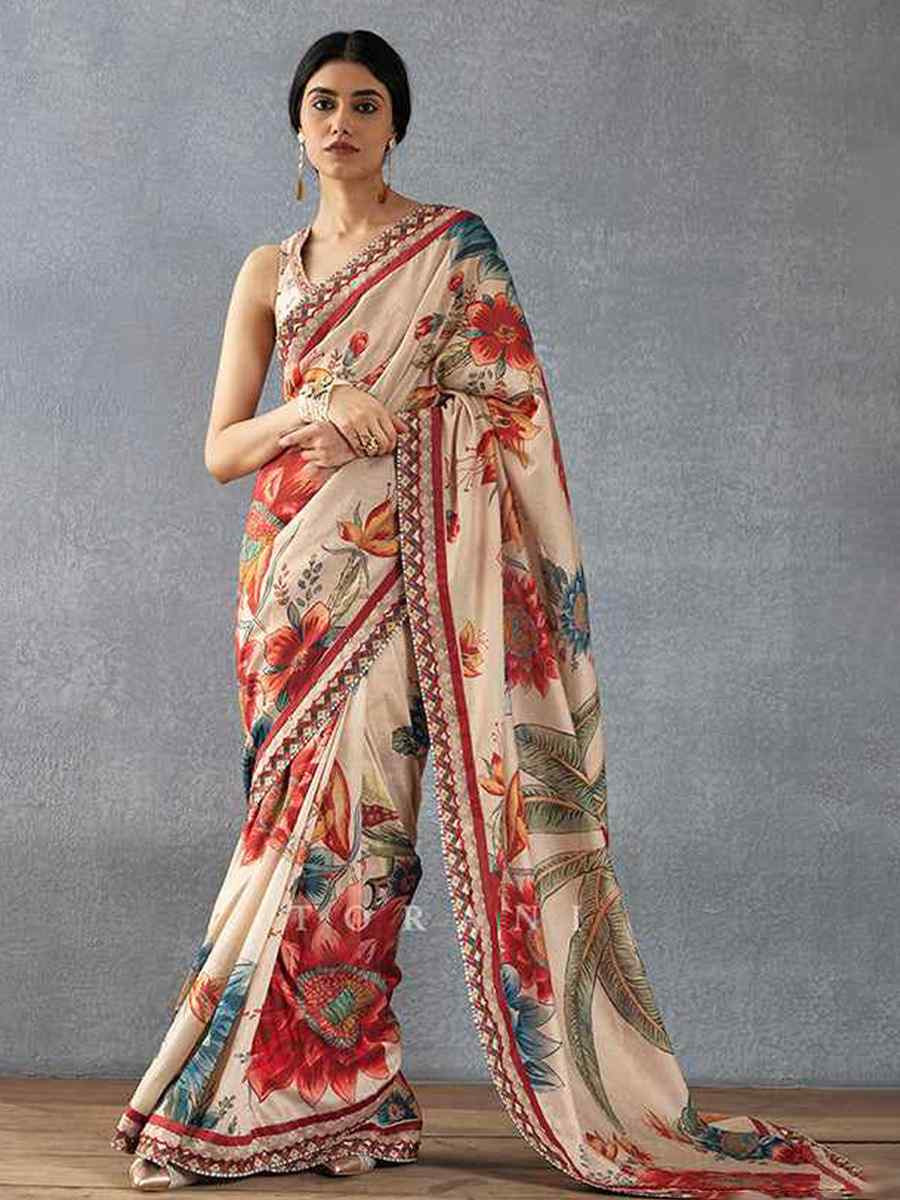 Cream Bright Moss Printed Festival Casual Contemporary Saree