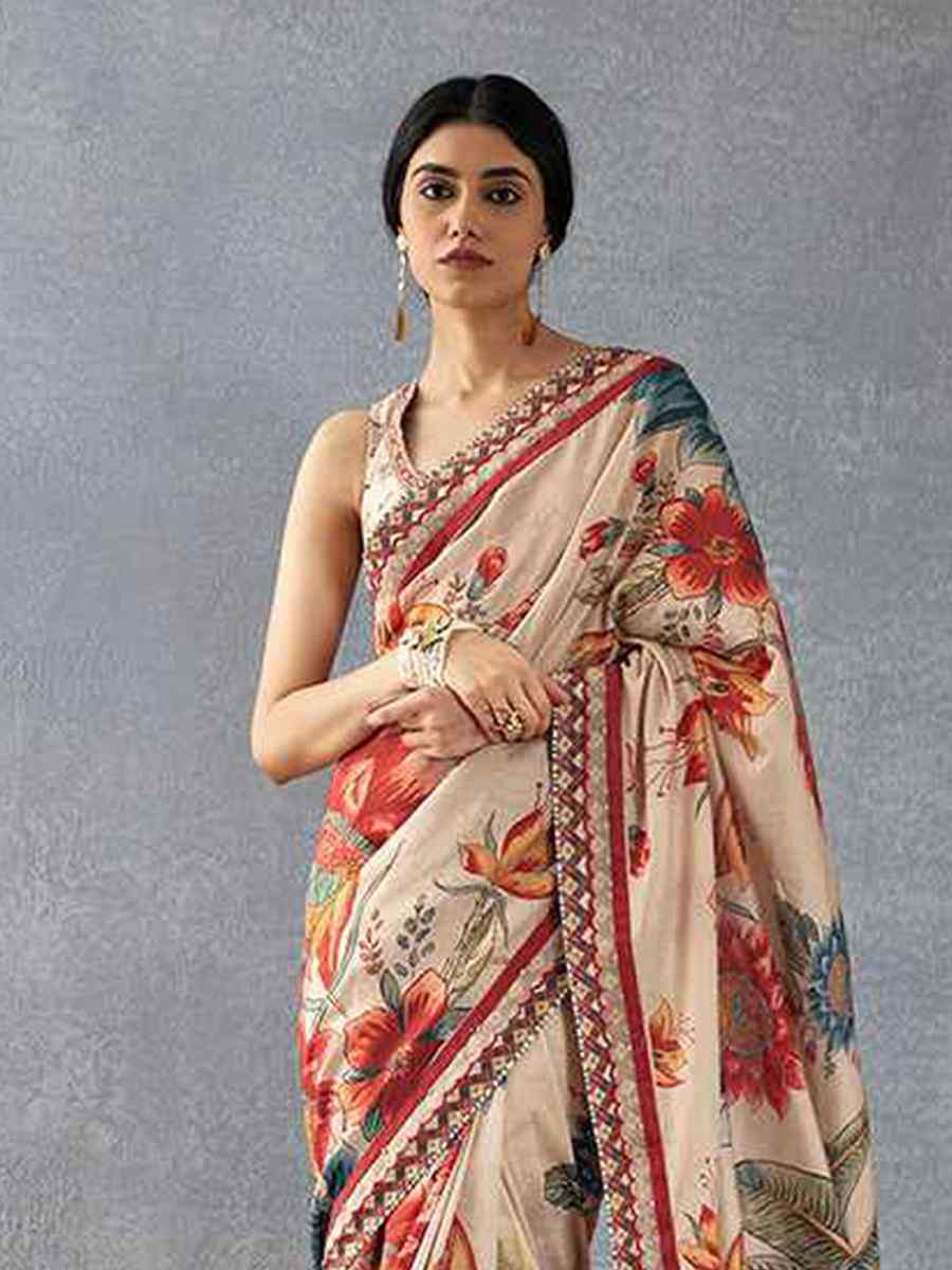Cream Bright Moss Printed Festival Casual Contemporary Saree