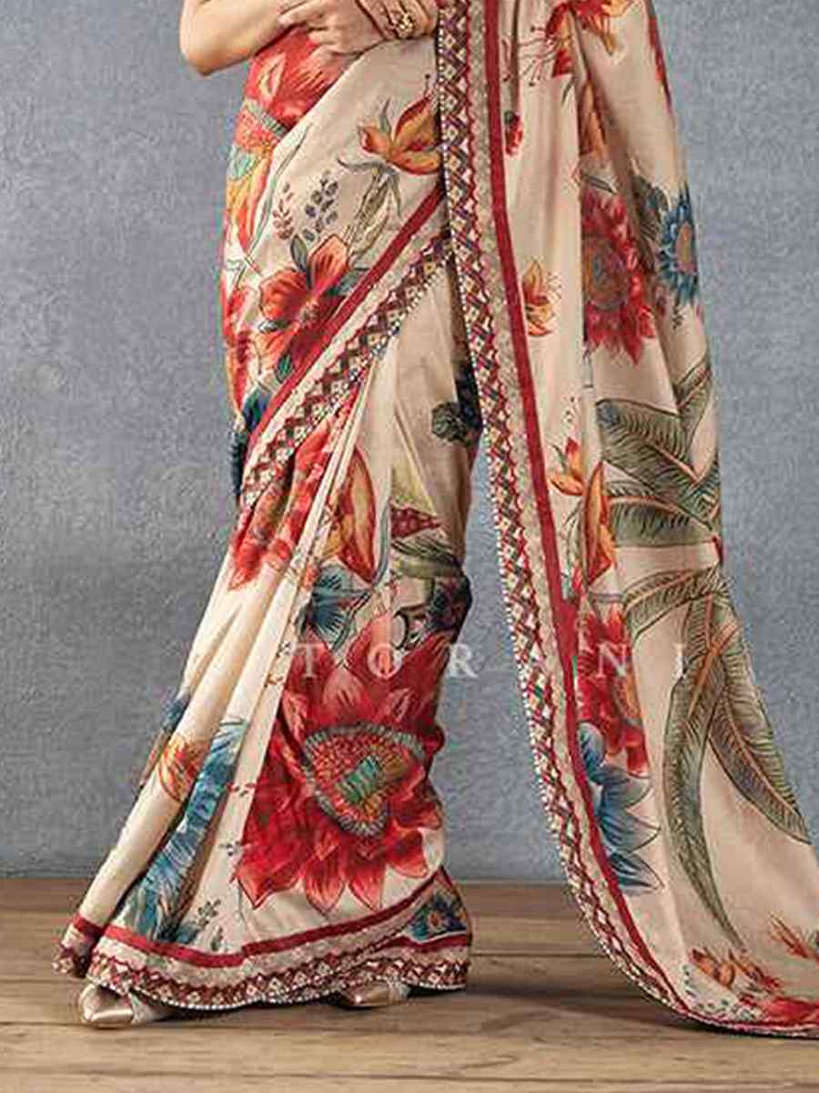 Cream Bright Moss Printed Festival Casual Contemporary Saree
