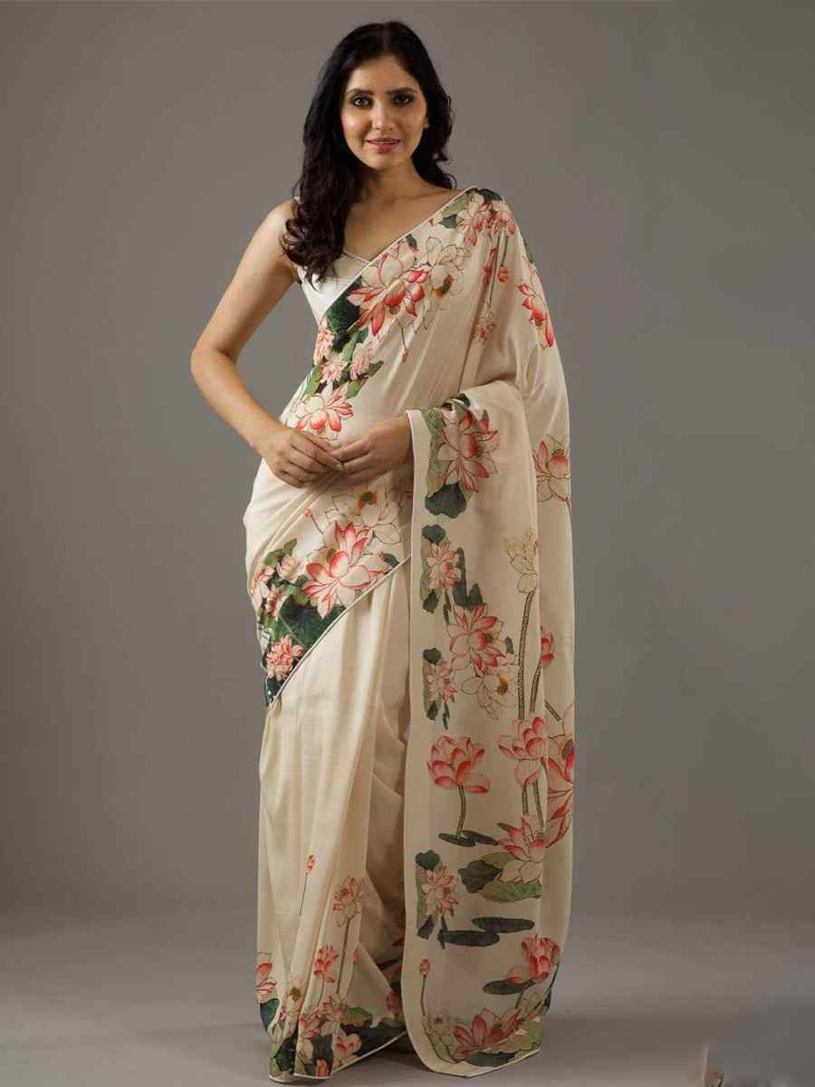 Cream Bright Moss Printed Festival Casual Contemporary Saree