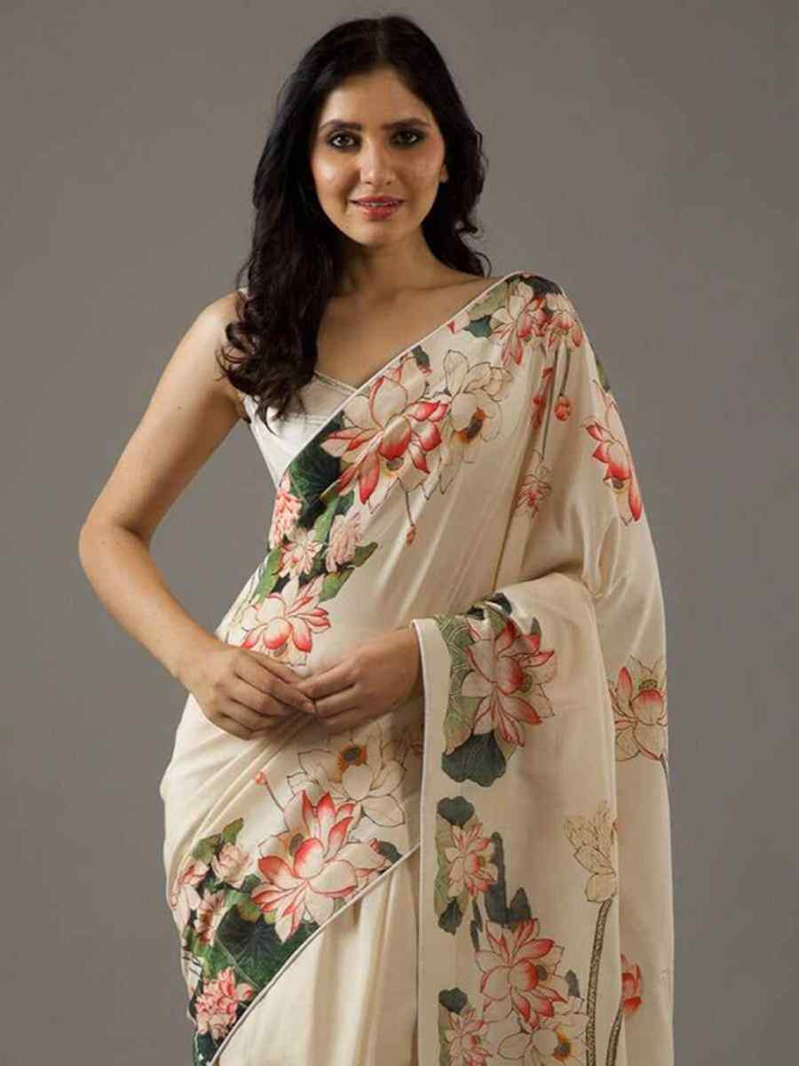 Cream Bright Moss Printed Festival Casual Contemporary Saree