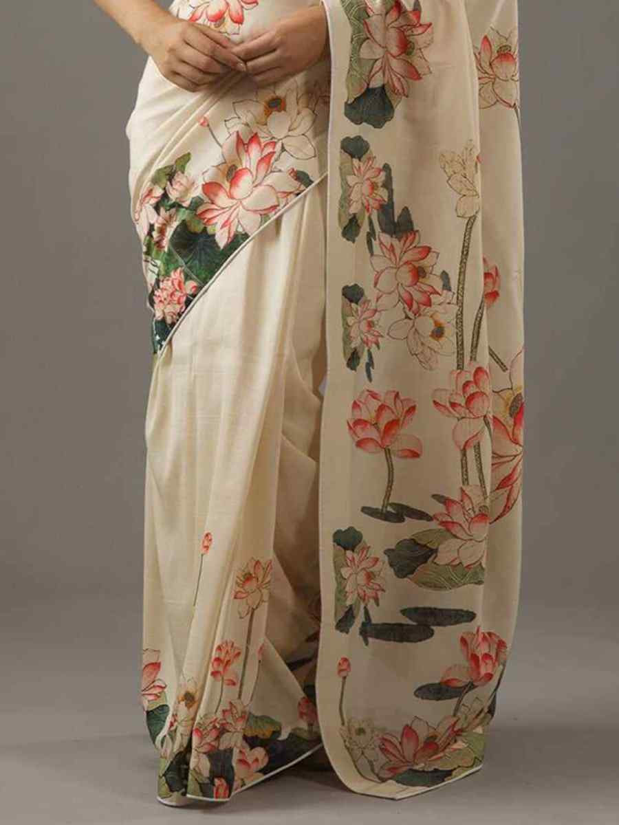 Cream Bright Moss Printed Festival Casual Contemporary Saree