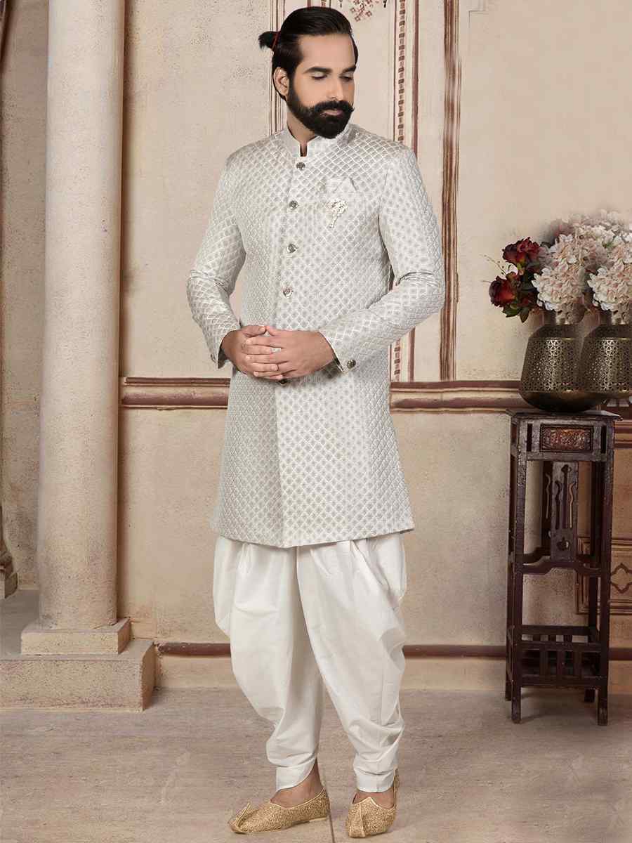 Cream Brocade Woven Festival Wedding Sherwani Kurta