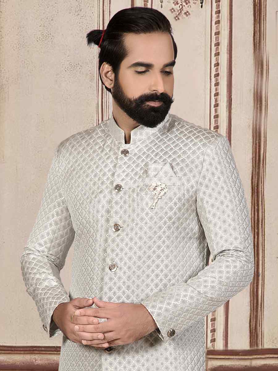 Cream Brocade Woven Festival Wedding Sherwani Kurta