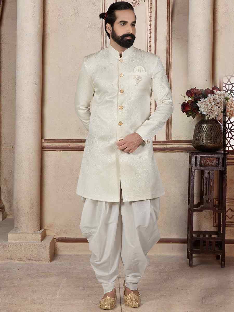 Cream Brocade Woven Festival Wedding Sherwani Kurta