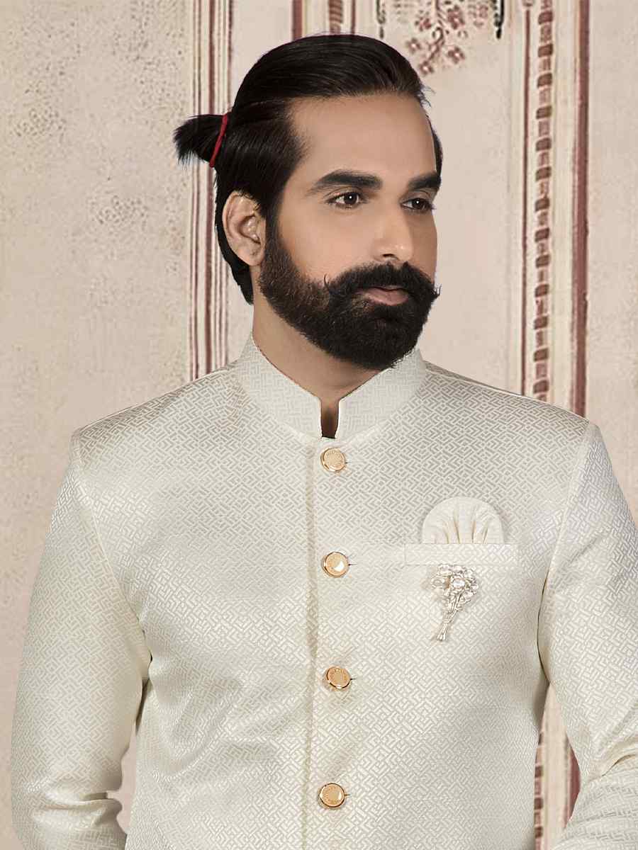 Cream Brocade Woven Festival Wedding Sherwani Kurta