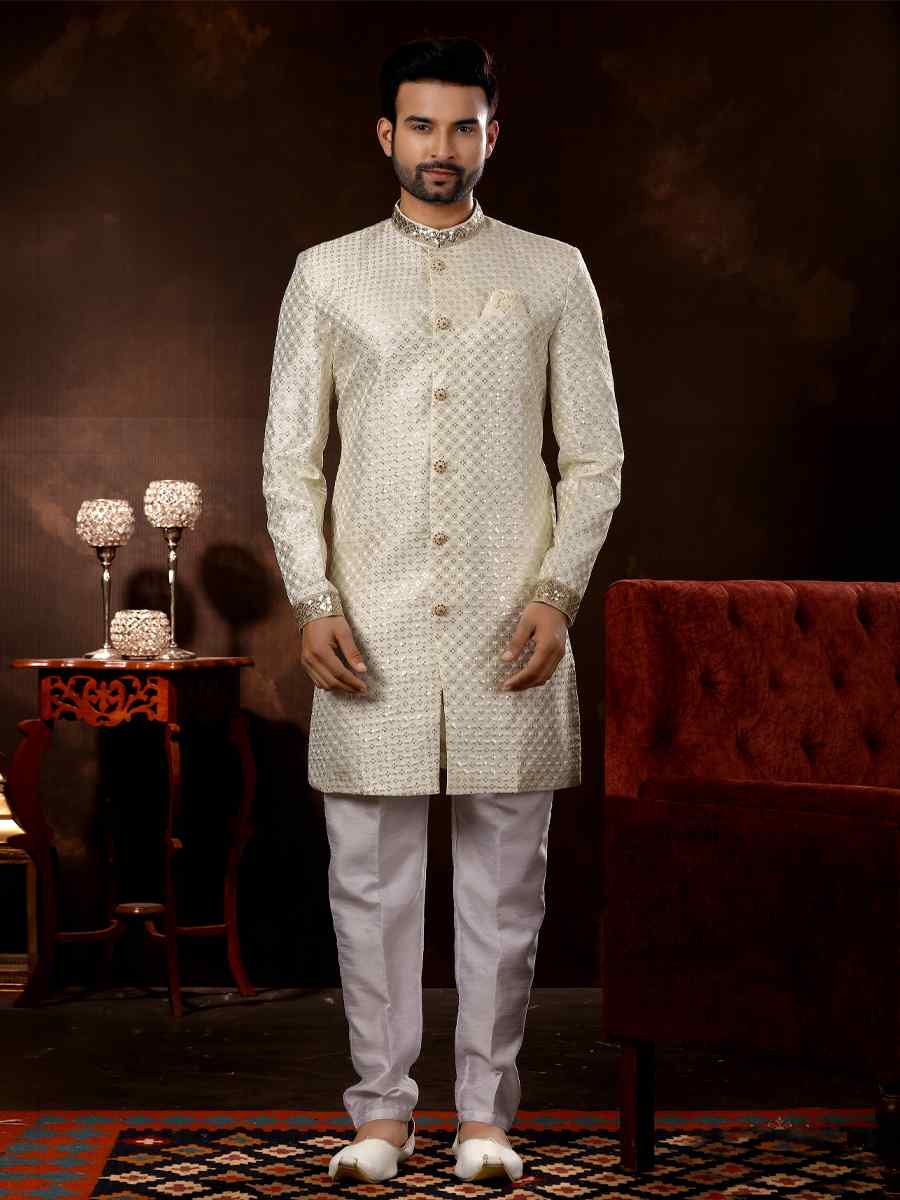 Cream Brocade Woven Wedding Party Sherwani