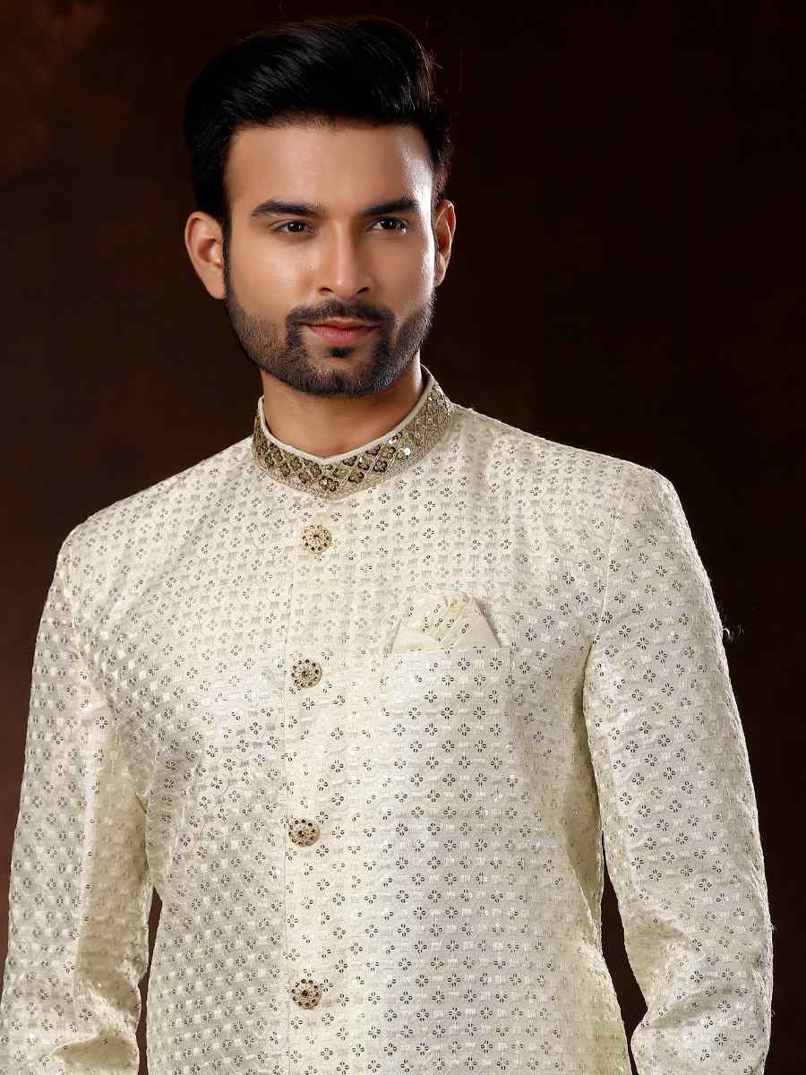 Cream Brocade Woven Wedding Party Sherwani