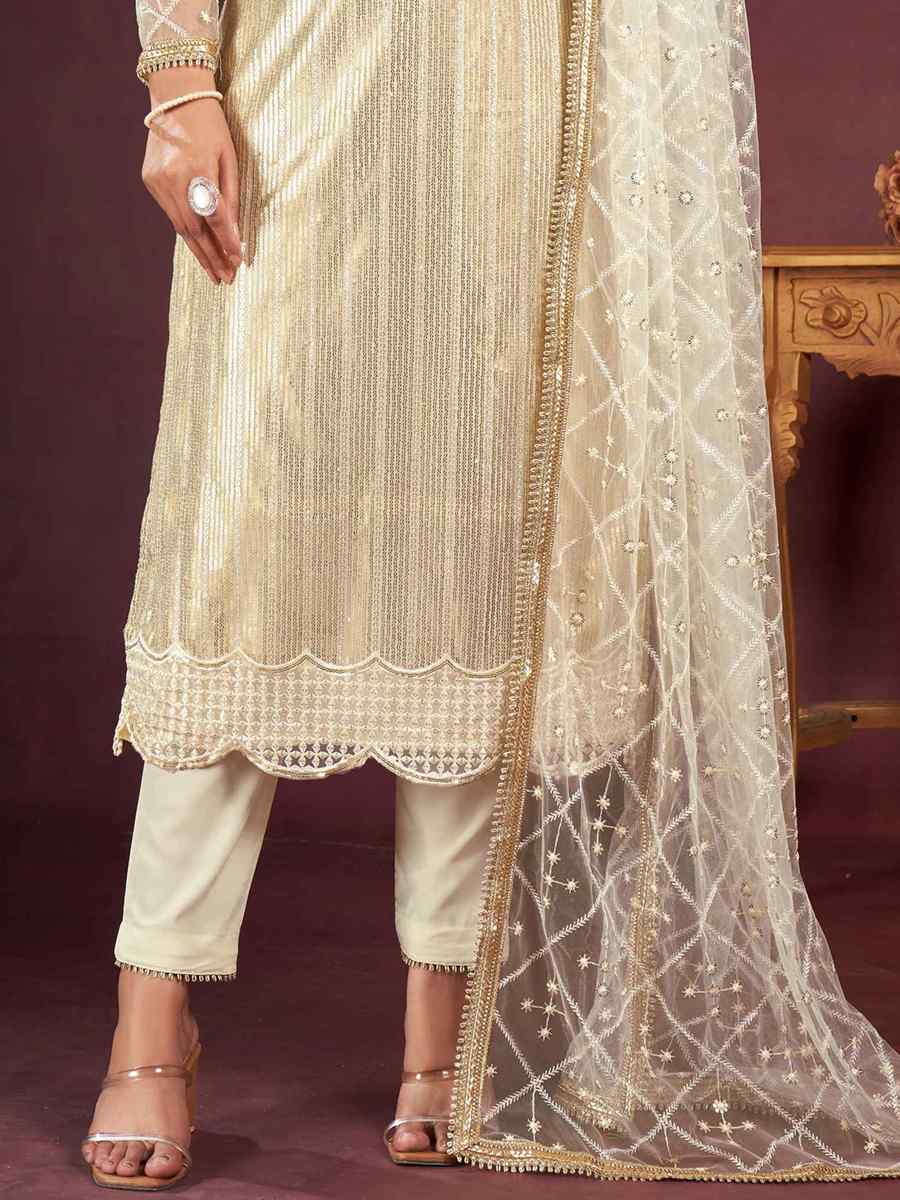 Cream Butterfly Net Embroidered Festival Wedding Pant Salwar Kameez