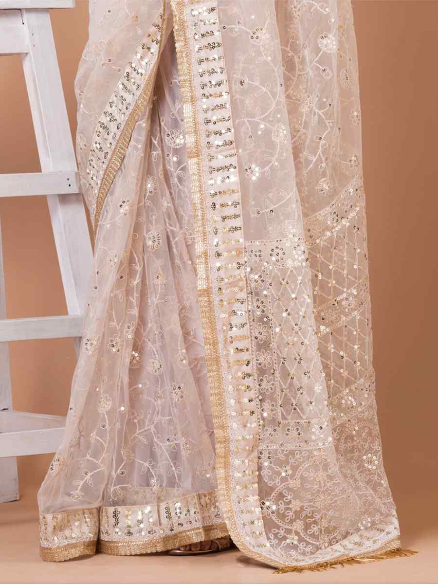 Cream Butterfly Net Embroidered Party Festival Heavy Border Saree