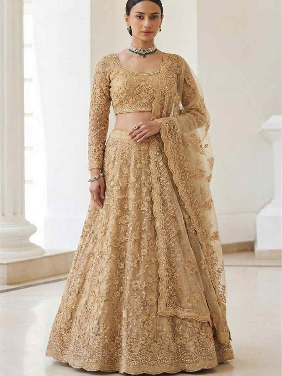 Cream Butterfly Net Embroidery Bridal Wedding Reception Festival Heavy Border Lehenga Choli