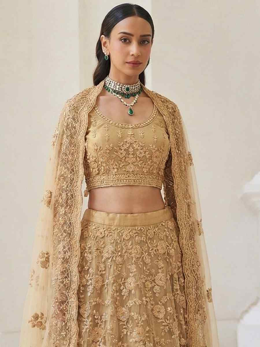 Cream Butterfly Net Embroidery Bridal Wedding Reception Festival Heavy Border Lehenga Choli