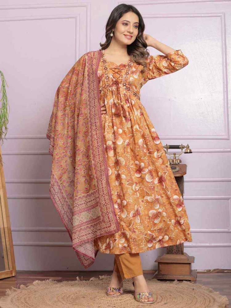 Cream Cambric Cotton Embroidered Festival Mehendi Ready Anarkali Salwar Kameez