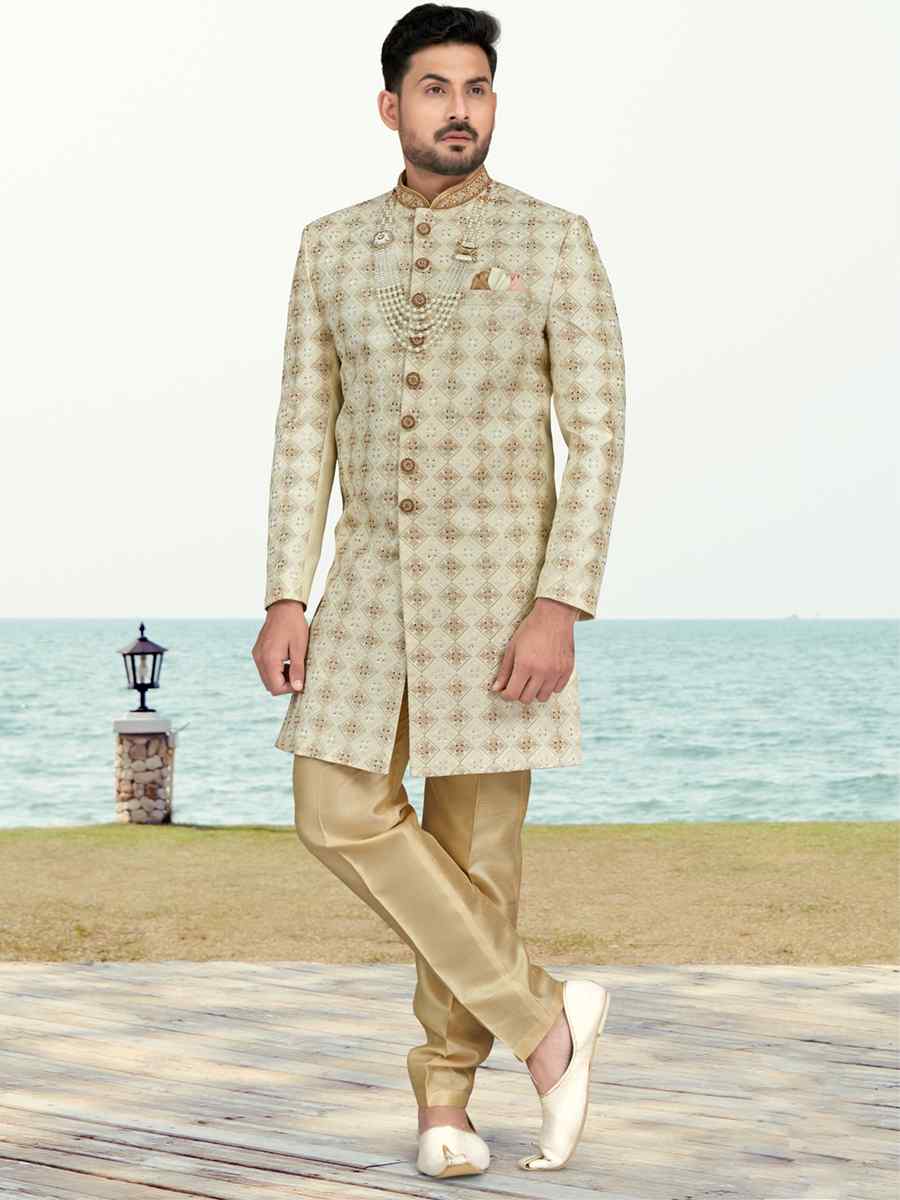 Cream Champion Silk Printed Festival Party Sherwani