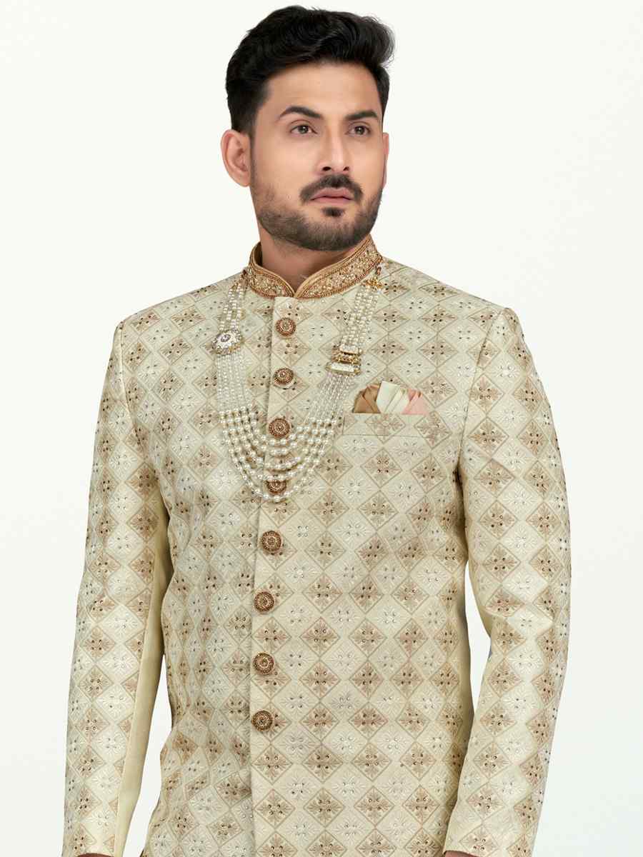 Cream Champion Silk Printed Festival Party Sherwani