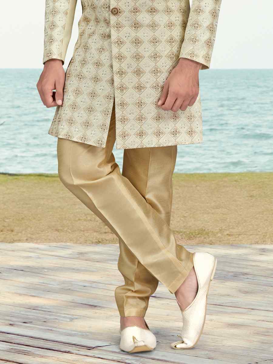 Cream Champion Silk Printed Festival Party Sherwani