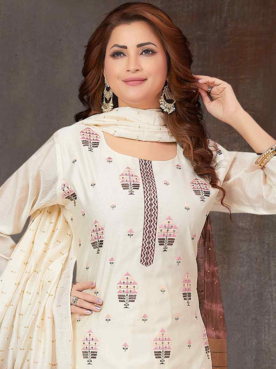 Cream Chanderi Silk Embroidered Festival Wedding Pant Salwar Kameez