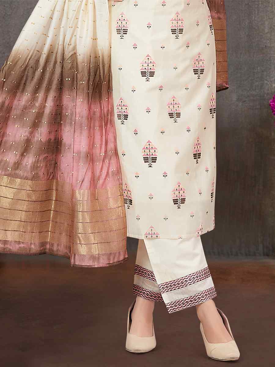 Cream Chanderi Silk Embroidered Festival Wedding Pant Salwar Kameez
