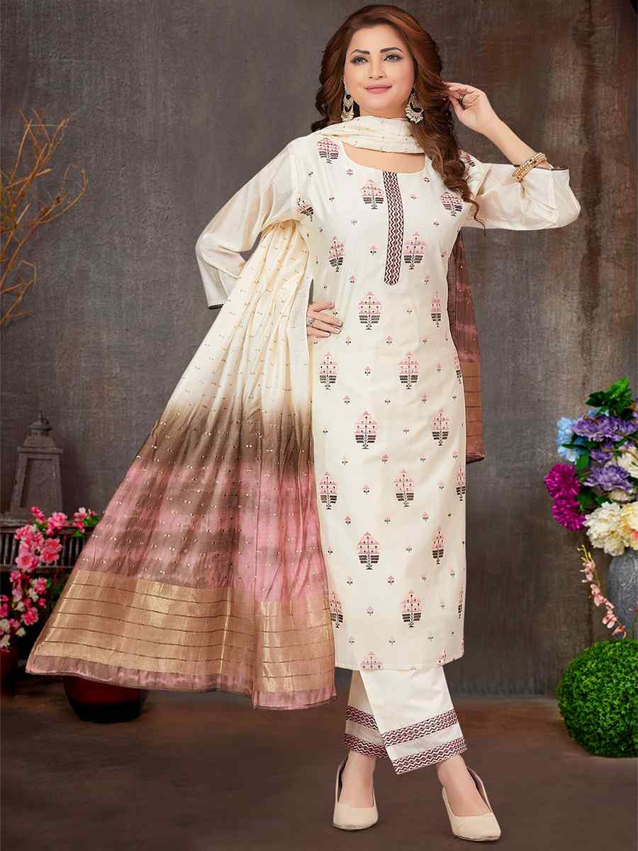 Cream Chanderi Silk Embroidered Festival Wedding Pant Salwar Kameez