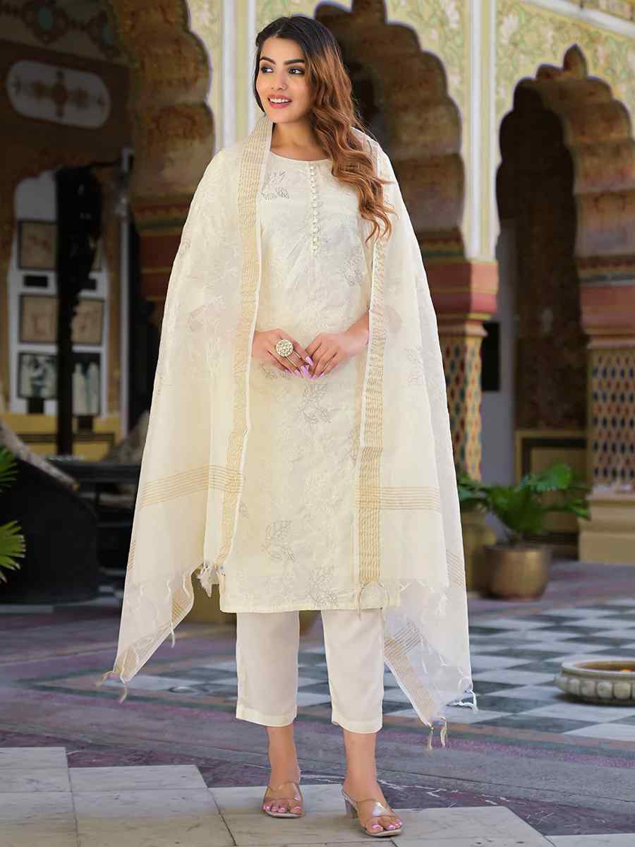 Cream Chanderi Silk Embroidery Party Wedding Festival Casual Ready Pant Salwar Kameez