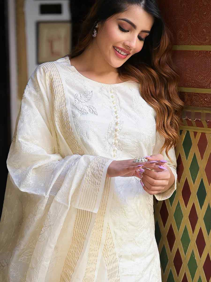 Cream Chanderi Silk Embroidery Party Wedding Festival Casual Ready Pant Salwar Kameez