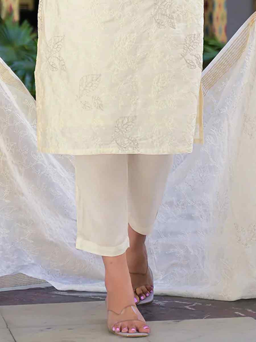 Cream Chanderi Silk Embroidery Party Wedding Festival Casual Ready Pant Salwar Kameez
