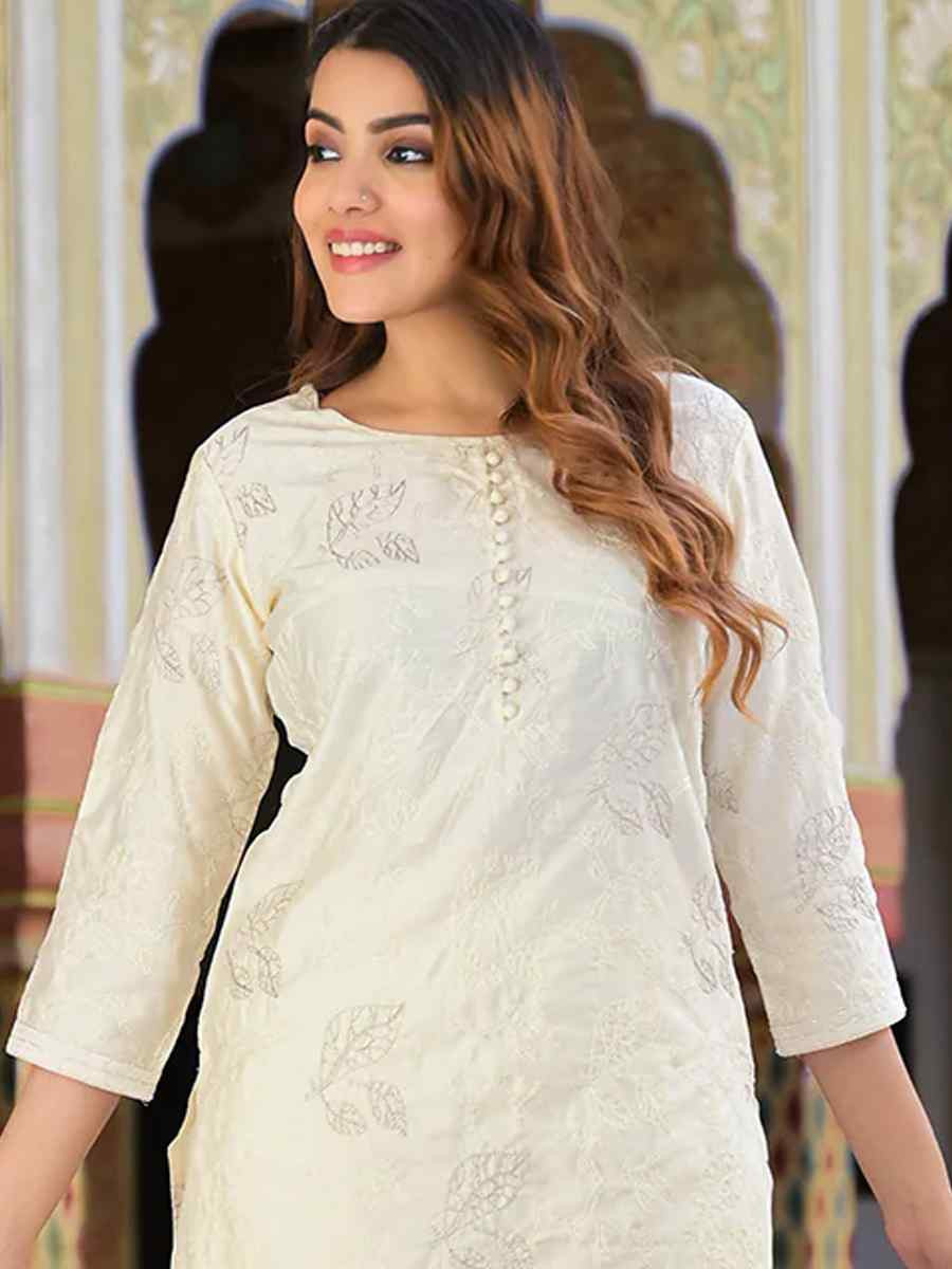 Cream Chanderi Silk Embroidery Party Wedding Festival Casual Ready Pant Salwar Kameez