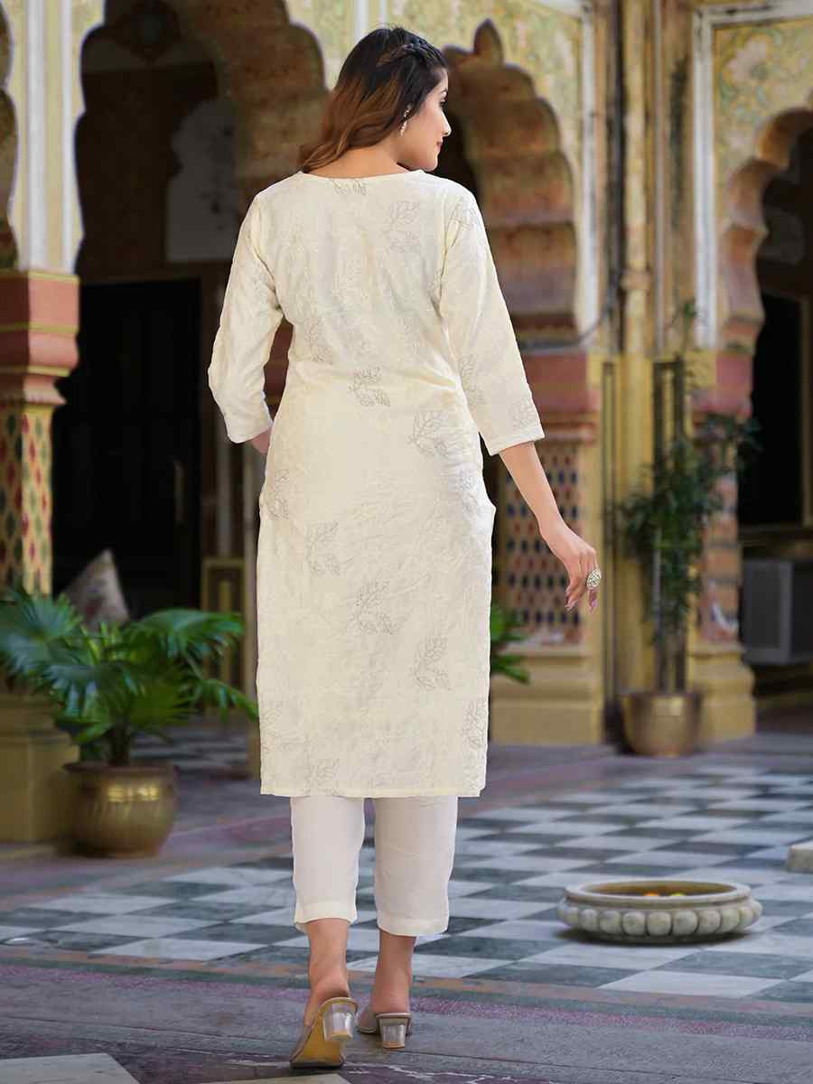 Cream Chanderi Silk Embroidery Party Wedding Festival Casual Ready Pant Salwar Kameez