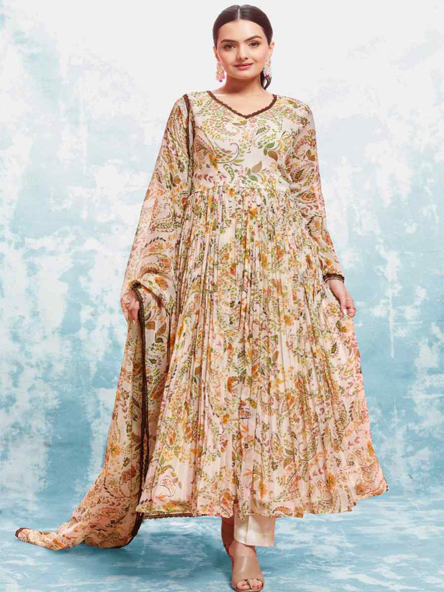 Cream Chiffon Embroidered Party Casual Ready Anarkali Salwar Kameez