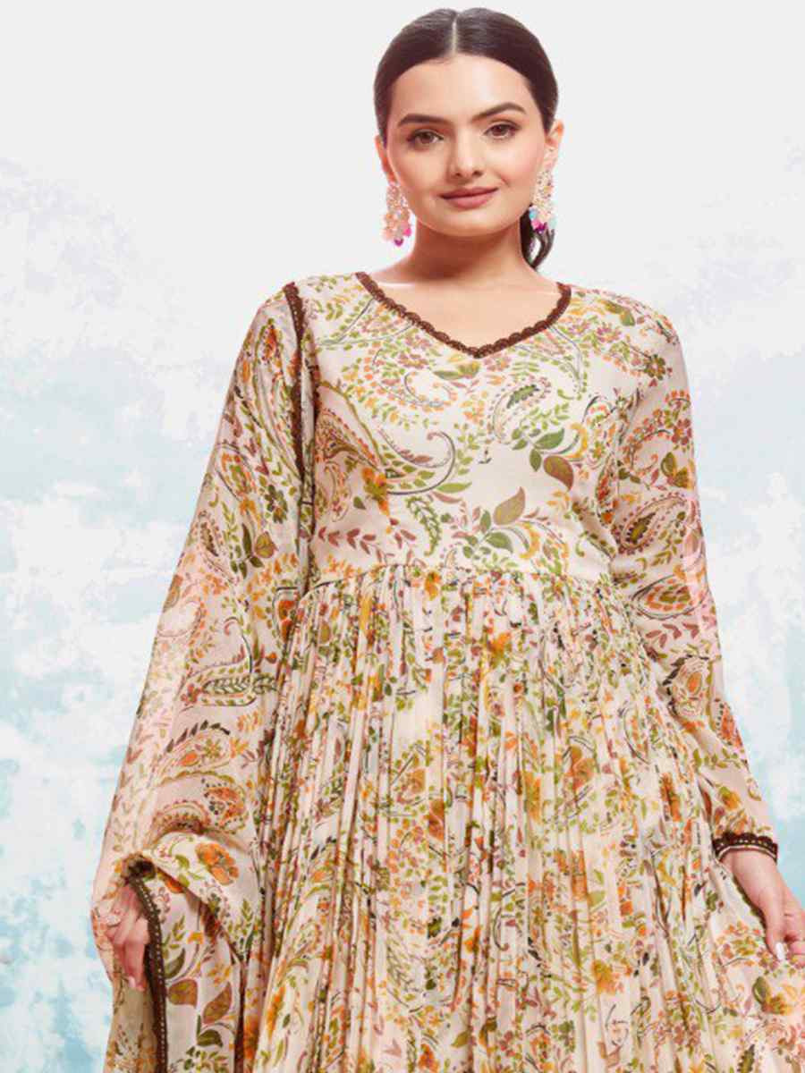 Cream Chiffon Embroidered Party Casual Ready Anarkali Salwar Kameez