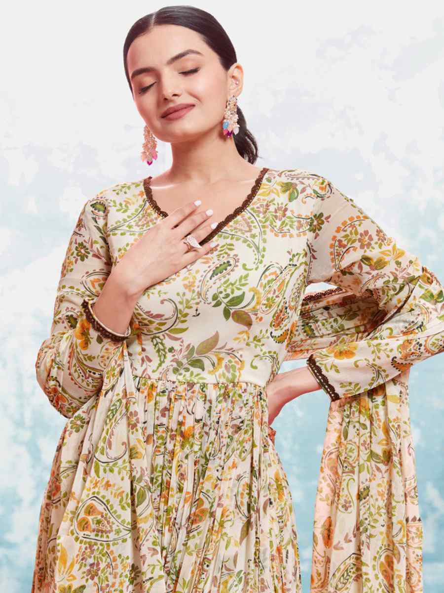 Cream Chiffon Embroidered Party Casual Ready Anarkali Salwar Kameez