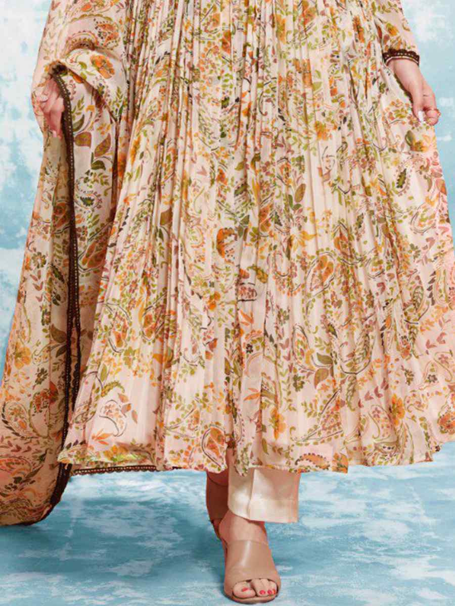 Cream Chiffon Embroidered Party Casual Ready Anarkali Salwar Kameez