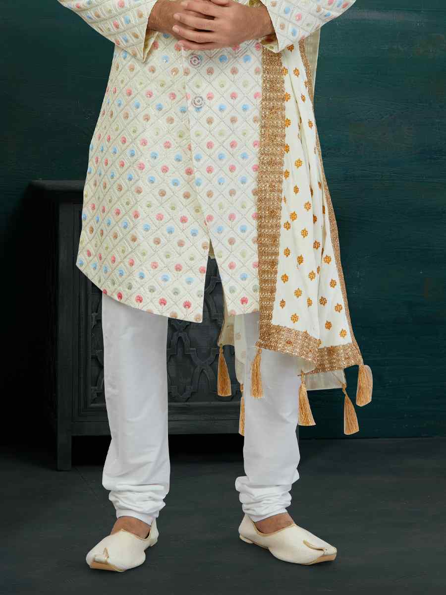 Cream Chikankari Lucknawi Embroidered Wedding Groom Sherwani