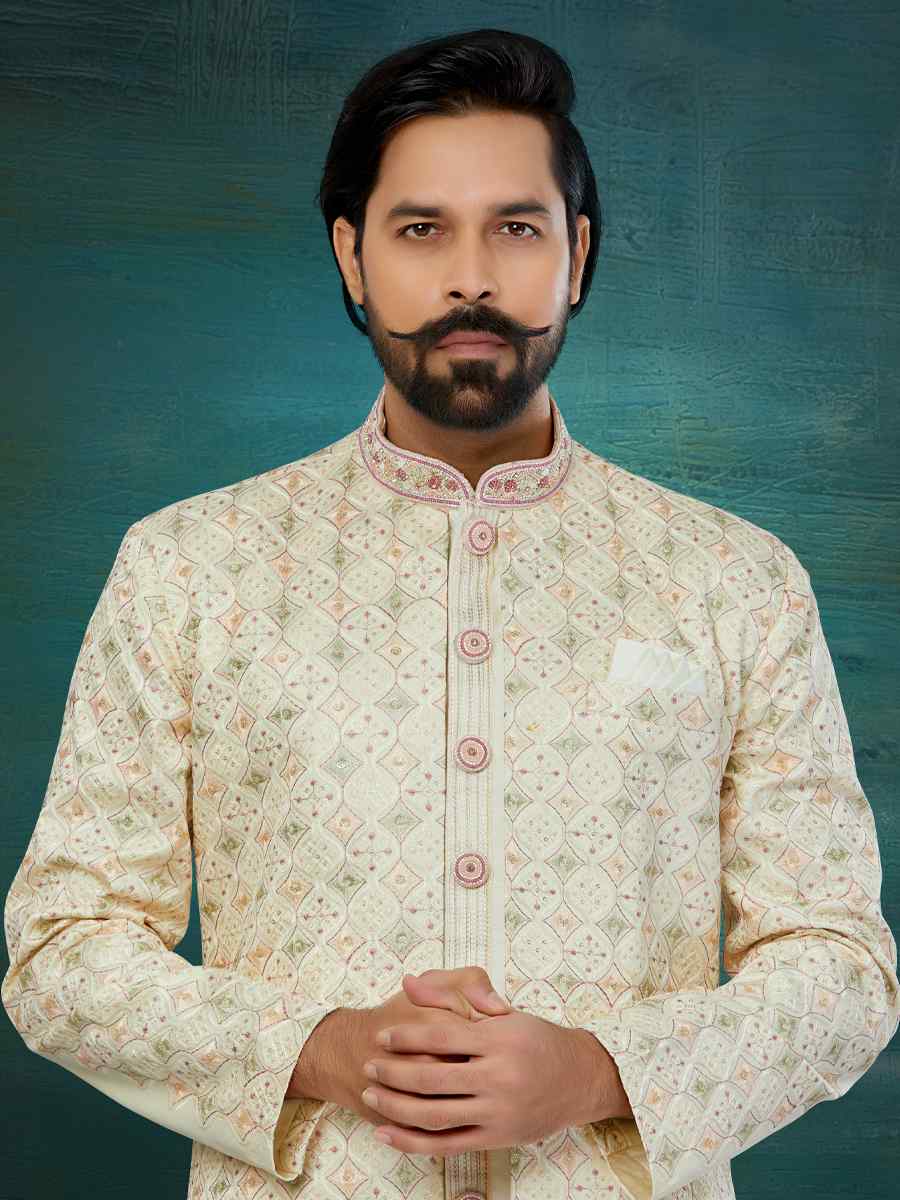 Cream Chikankari Lucknawi Embroidered Wedding Groom Sherwani